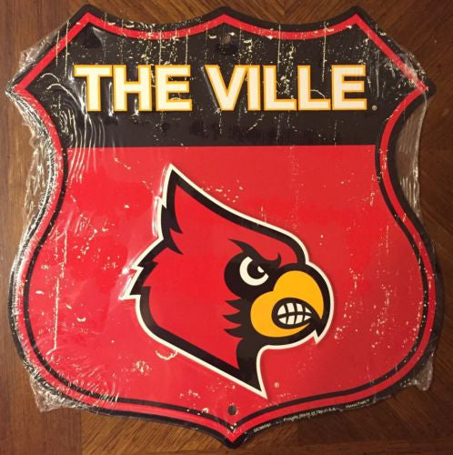 Louisville+Cardinals+The+Ville+12%22+Shield+Metal+Sign+University+